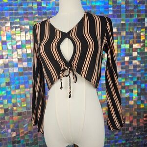Dee Elly Black Orange Stripe Cropped Tie Front Long Sleeve Crop Top Womens S